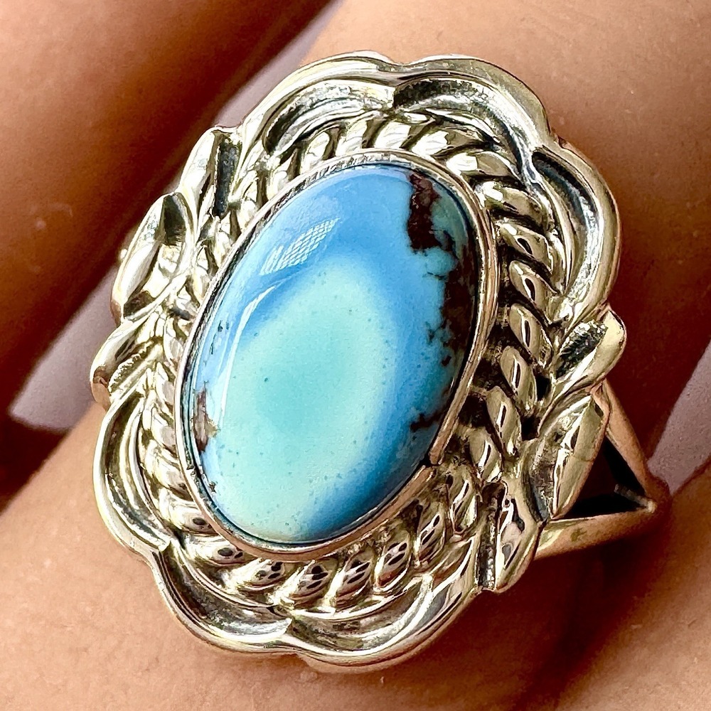 Navajo Blue Golden Hills Turquoise Ring Sz 8 Signed V Chee Sterling Native